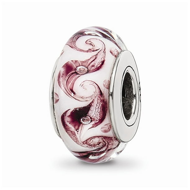 White Sterling Silver Beads Glass 12.73 mm 7.27 Reflections Pink Red Swirl Hand-Blown Bead 